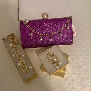 Purple Glitter Clutch with Pearl Chain and Matching Bracelet and Earring Set
